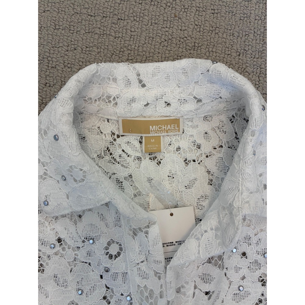 Michael Kors White Floral Lace Rhinestone Button Down Relaxed Oversized Shirt M